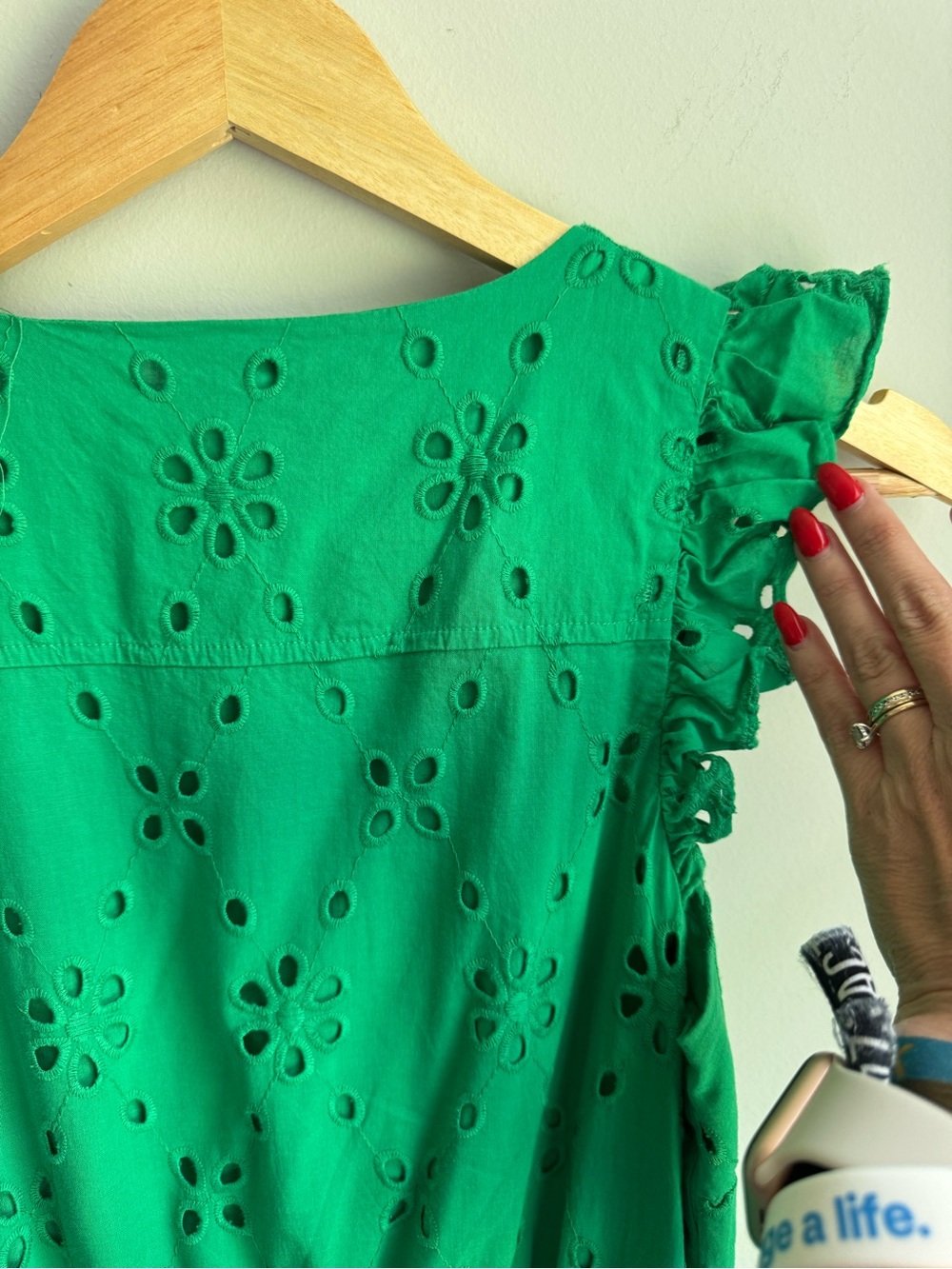 J. Crew Emerald Green Eyelet Midi Dress with Ruffle Sleeves Wedding Garden Party - Picture 9 of 10